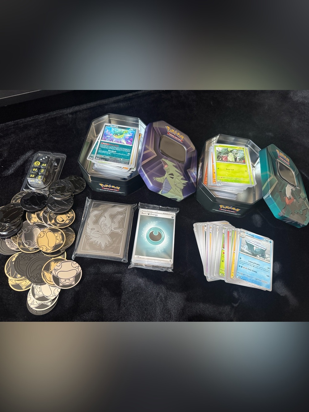 Pokemon Tins & Card Lot with Coins and Dice!
